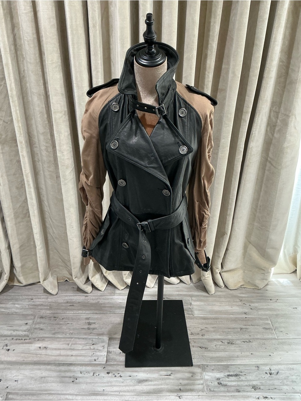 Burberry Black Leather Trench with Tan Sleeves - Picture 1 of 6